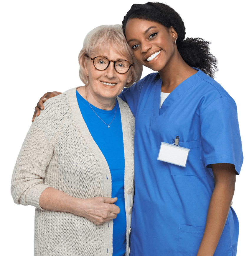Elderly woman and nurse smiling together.